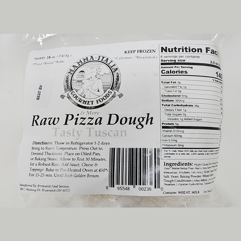 Packaged ball of raw pizza dough with nutritional facts and cooking instructions visible on label