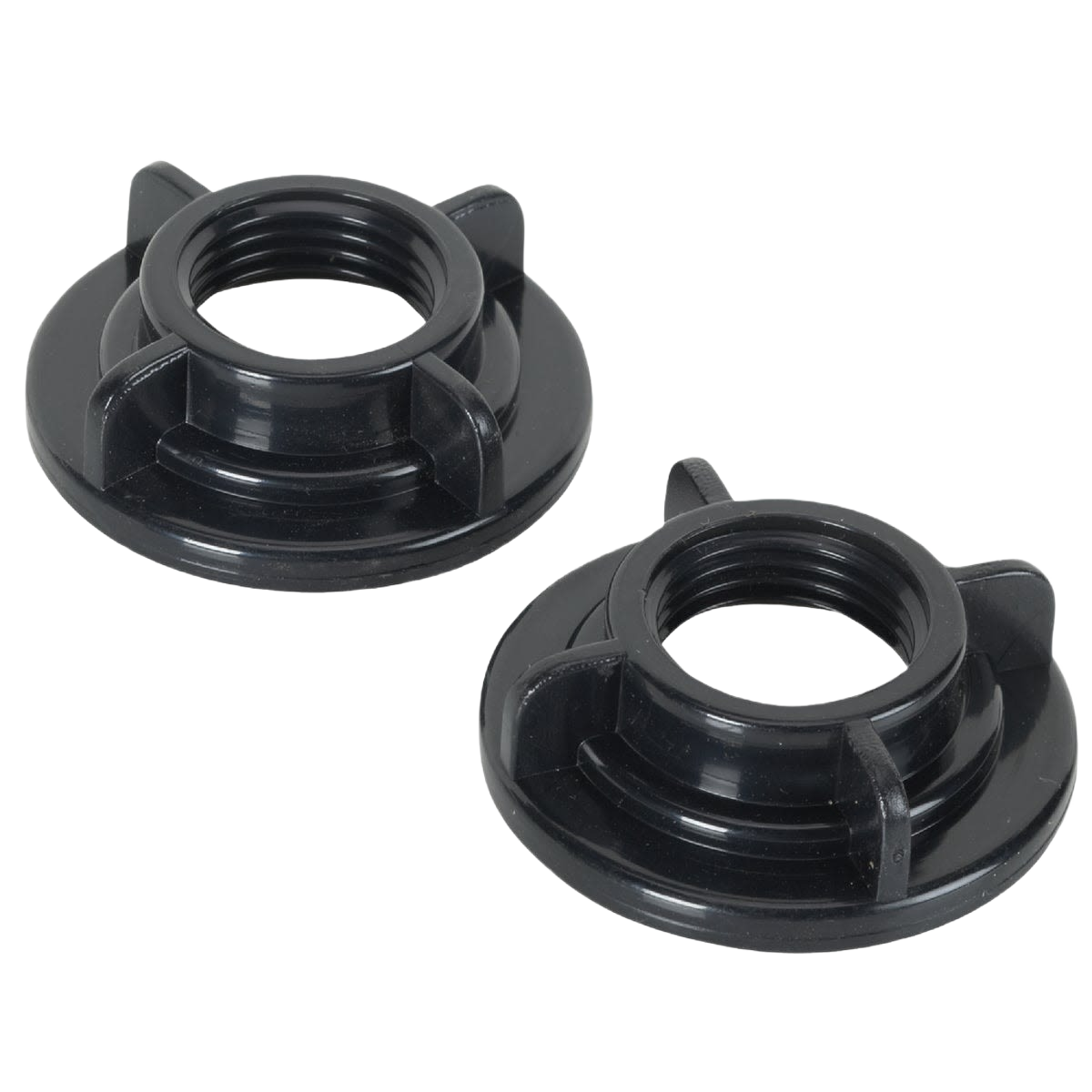 Pair of black plastic basin faucet locknuts designed for secure plumbing connections in home improvement projects