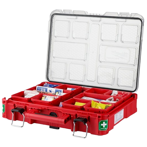 Red portable first aid kit case with organized compartments and clear lid for tools and emergency supplies storage