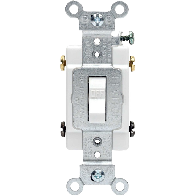 White grounded toggle switch with metal mounting frame designed for quiet operation in home improvement projects