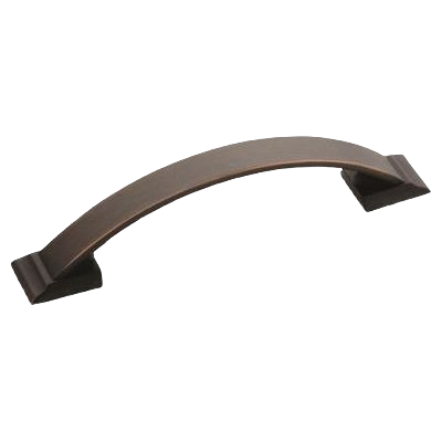 Oil-rubbed bronze curved cabinet pull with 3-3/4 inch center-to-center mount, part of hardware and furniture accessories collections