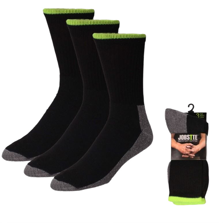 Three black crew socks with gray heels and toes and green trim, shown with packaging for a 3-pack in clothing and socks category