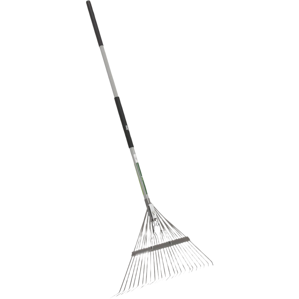 Steel leaf rake with wide fan-shaped head and long handle for outdoor garden maintenance and home improvement tasks