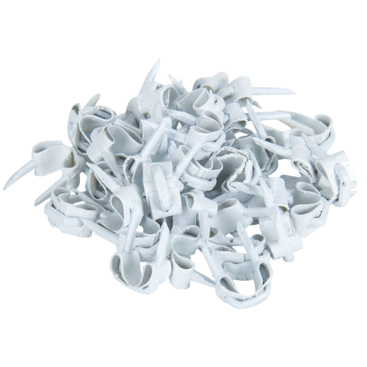 Pile of white fiber insulated steel wire staples for securing wiring in home improvement projects
