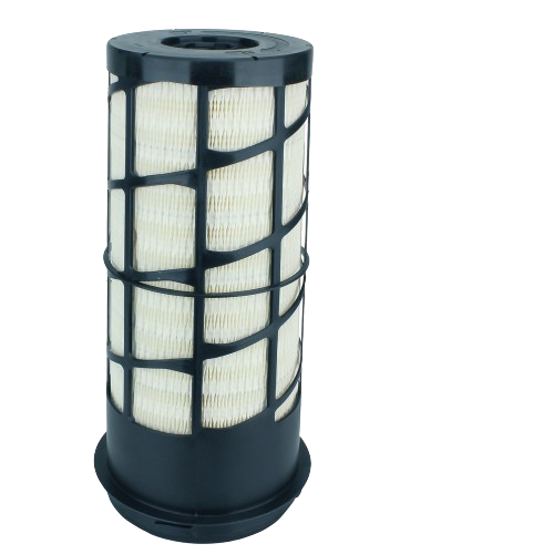 Cylindrical air filter with black plastic frame and pleated white filtering material for equipment maintenance tasks