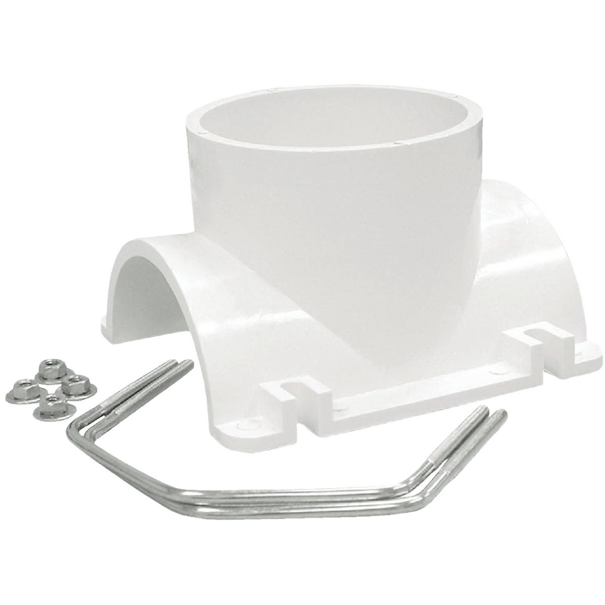White PVC saddle tee plumbing fitting with metal clamp and screws for pipes and fittings collections under 50 dollars