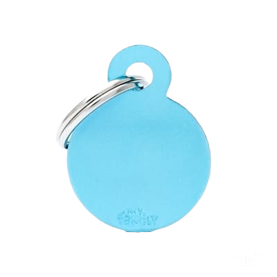 Small round light blue metal ID tag with keyring attachment for pet or personal identification use