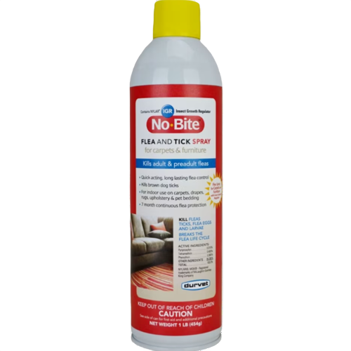 Durvet No-Bite flea and tick spray for carpets and furniture, effective protection for pet and animal homes under $50
