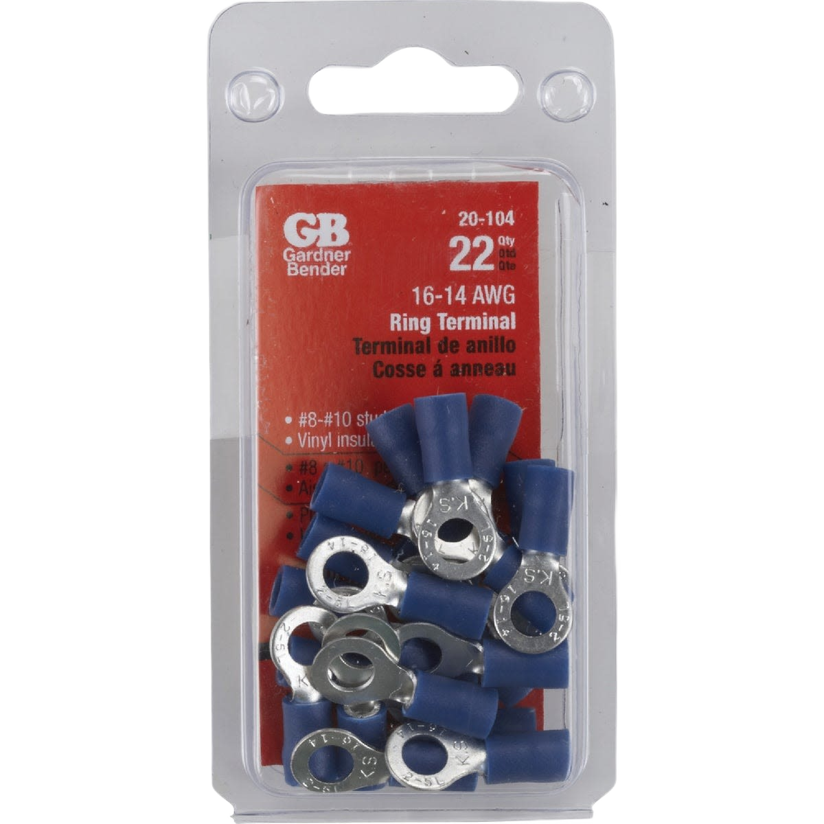 Blue vinyl-insulated barrel ring terminals with metal rings in clear packaging for tools and home improvement use