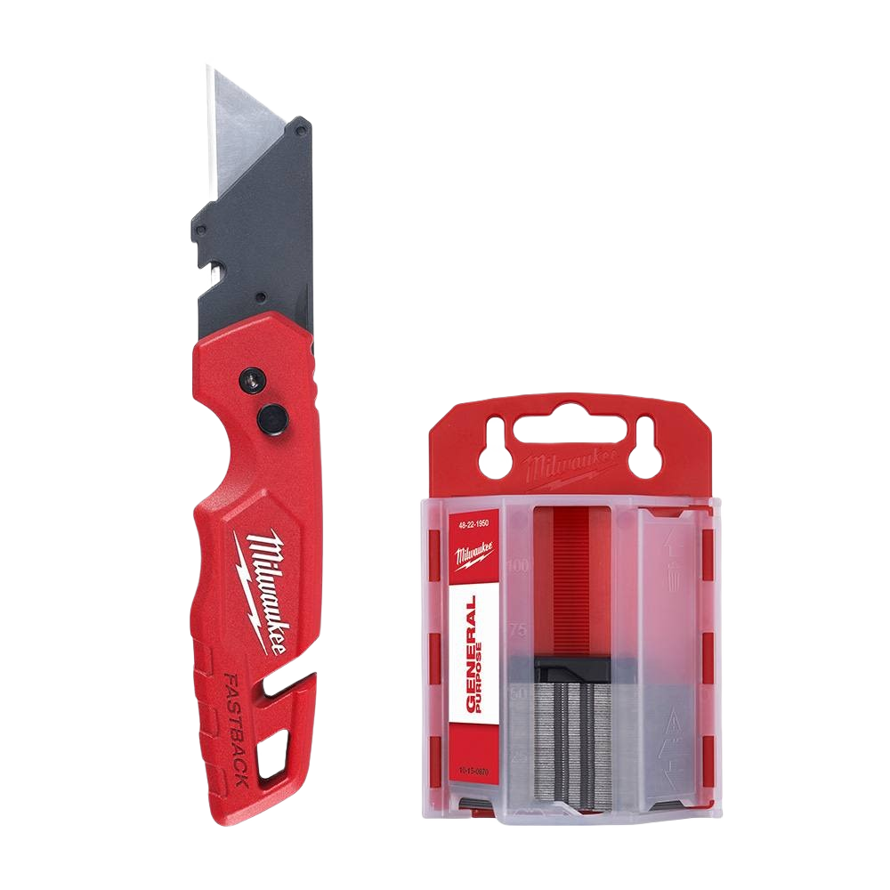 Red folding utility knife with 50-piece blade set for cutting tools in woodworking and hand tools collections