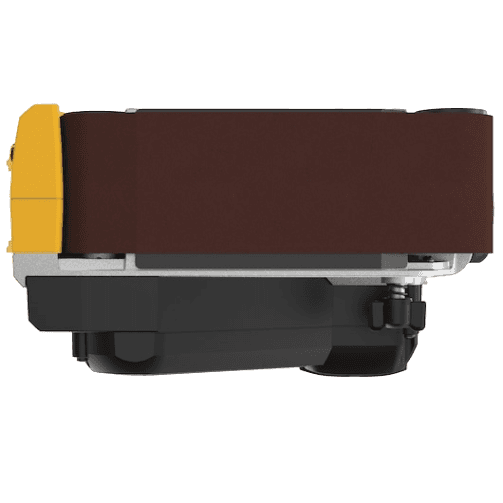 Cordless brushless belt sander with yellow housing and brown sanding belt for tools and home improvement use