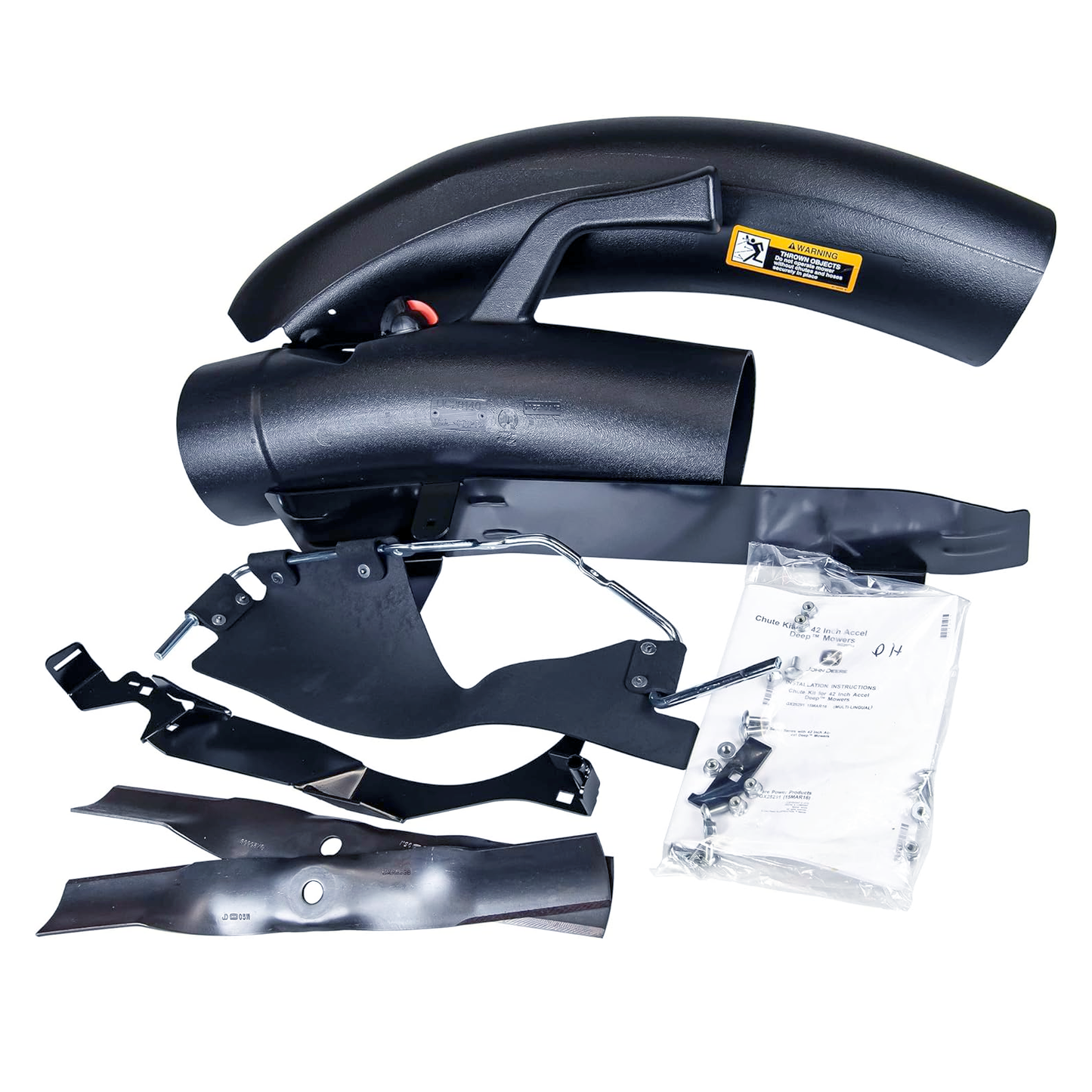 Black plastic and metal material collection chute kit parts with mounting hardware and instructions for automotive tool accessories collection