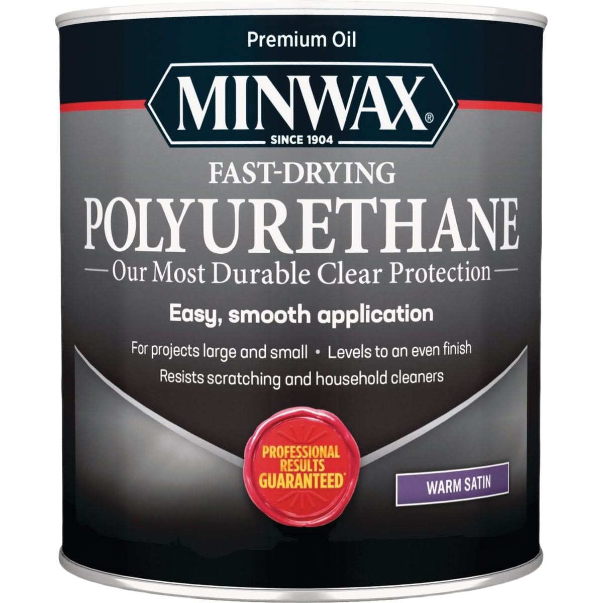 Can of Minwax fast-drying satin polyurethane for durable interior wood protection in stains and finishes collection