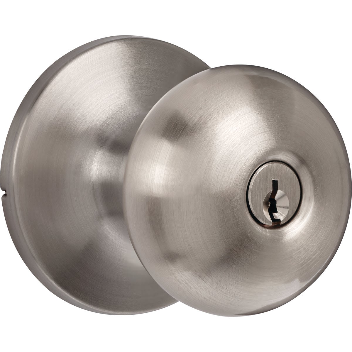 Brushed nickel entry door knob with keyed lock and half-round style for door hardware and home improvement projects