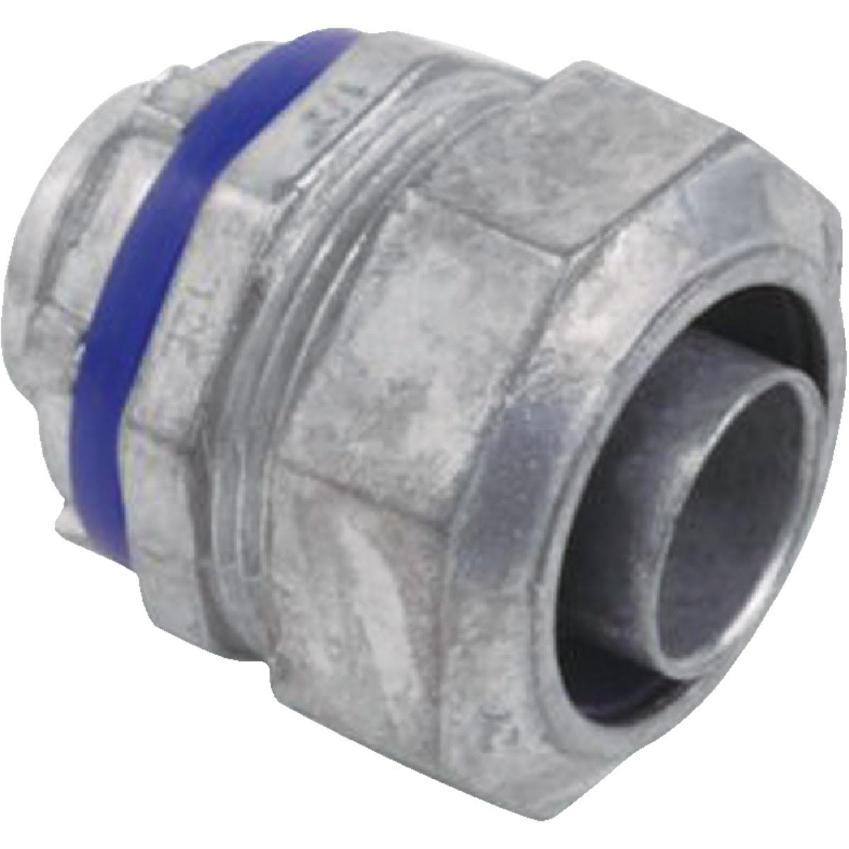 Die-cast zinc straight connector with blue ring, designed for electrical conduit and home improvement projects.
