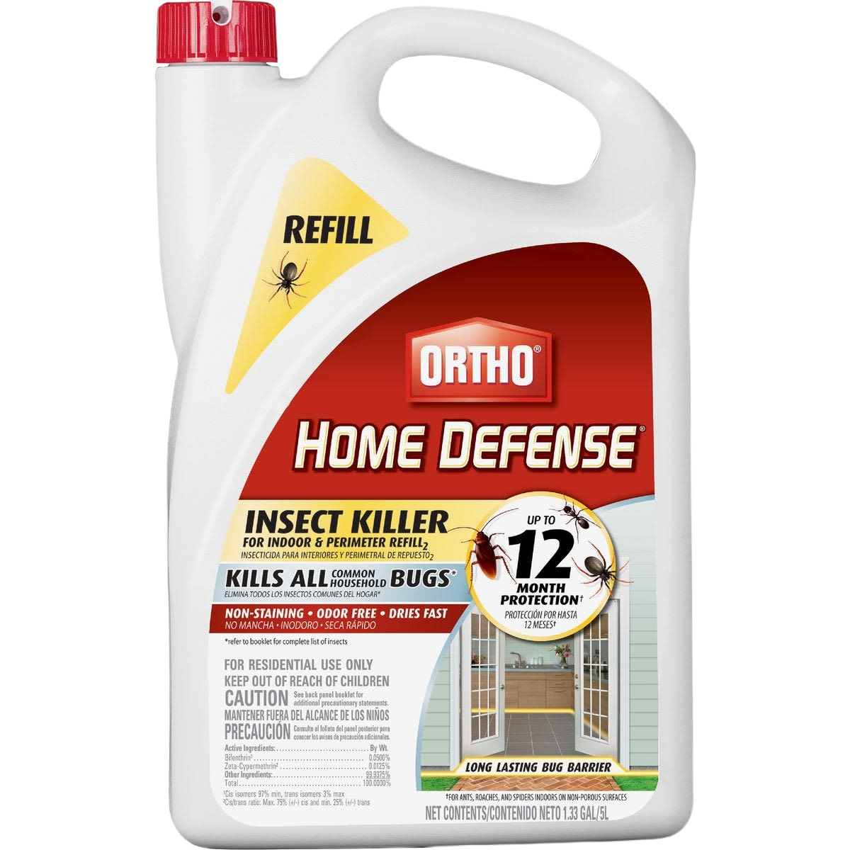 White plastic refill container of Ortho Home Defense insect killer with red cap and detailed product label for indoor use