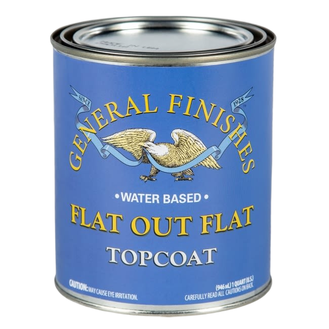 Blue metal can of General Finishes water based flat finish topcoat for home improvement and woodworking projects