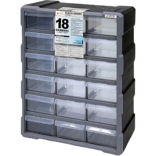 Heavy-duty parts drawer cabinet with 18 clear plastic drawers for countertop storage and organization under $100