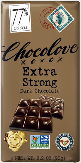 Chocolove Extra Strong dark chocolate bar with 77% cocoa, non-GMO verified, from Chocolates & Candies collection