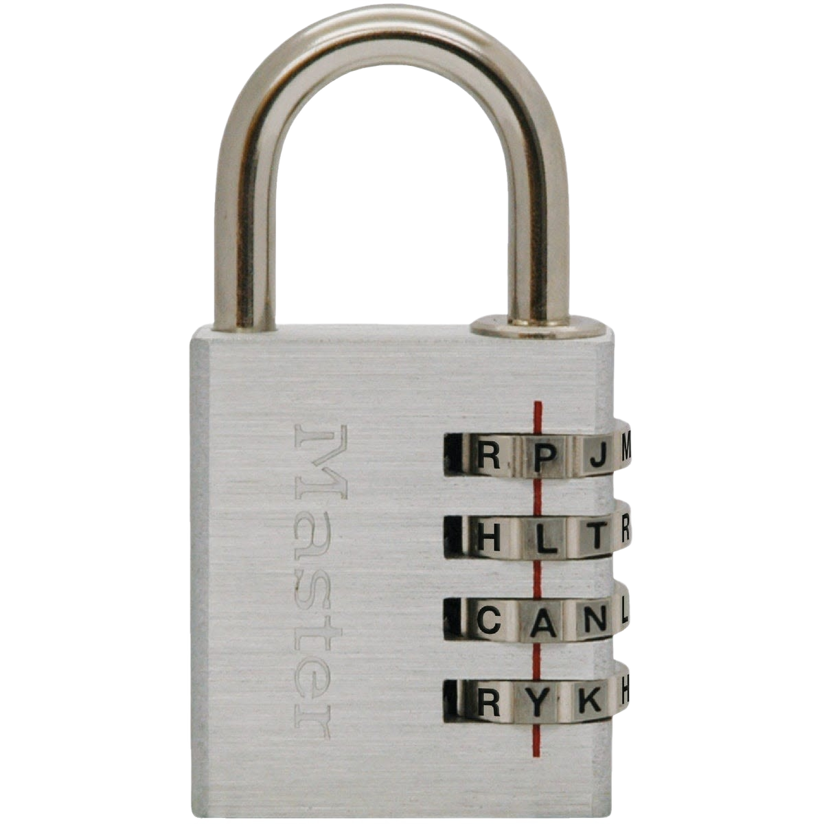 Brushed aluminum combination padlock with four rotating letter dials for customizable security in hardware collection
