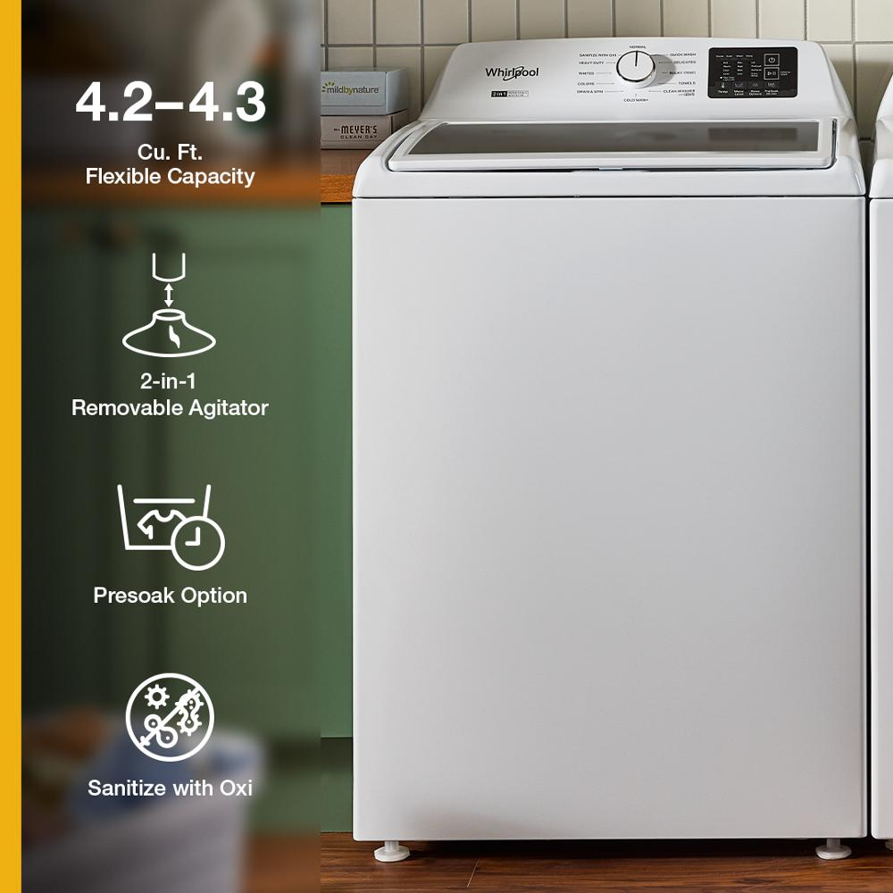 4.2–4.3 Cu. Ft. Whirlpool® Top Load Washer with 2-in-1 Removable Agitator and Soft Close Glass Lid
