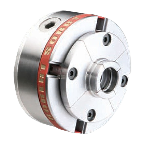Close-up of metal chuck jaws with red accent ring, part of woodworking tool accessories for home improvement projects.