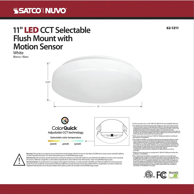 White 11-inch LED flush mount with selectable color temperature and motion sensor for electrical and lighting projects under $100