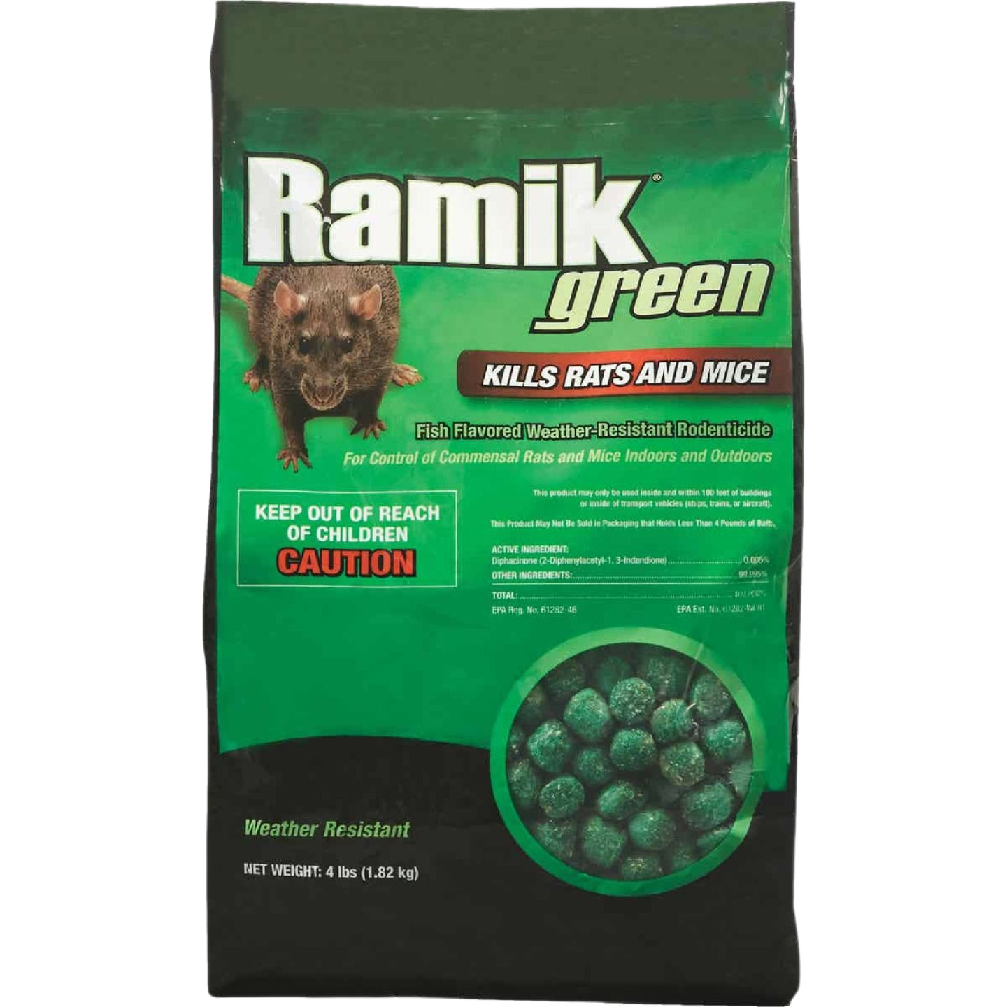 Green weather-resistant rodenticide nuggets for indoor and outdoor use to control rats and mice in pest control collection