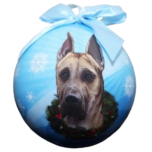 Blue Christmas ornament ball featuring a fawn Great Dane dog with holiday wreath and snowflake design