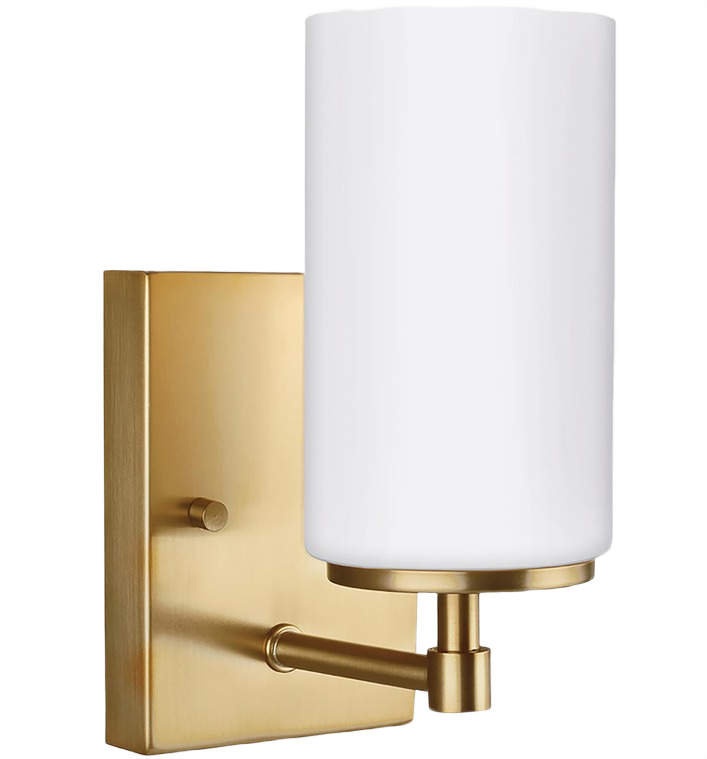 Single-light wall sconce with satin brass finish and cylindrical satin-etched glass shade for bathroom or vanity lighting under $100