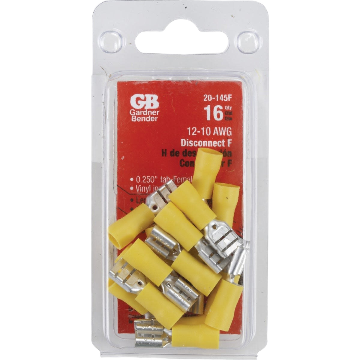 Yellow vinyl-insulated barrel female disconnect terminals in clear plastic clamshell packaging for home improvement use