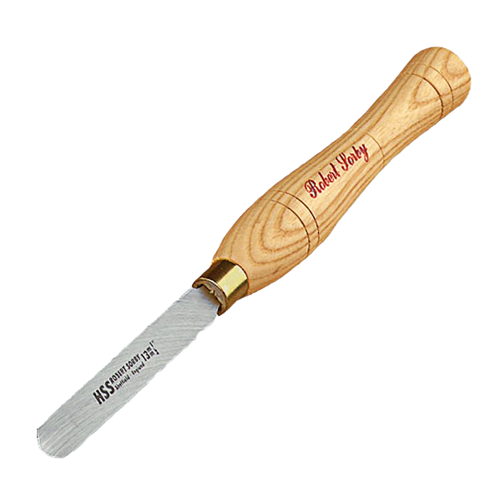 Hand tool with wooden handle and narrow metal blade for detailed woodworking and carving tasks in home improvement.
