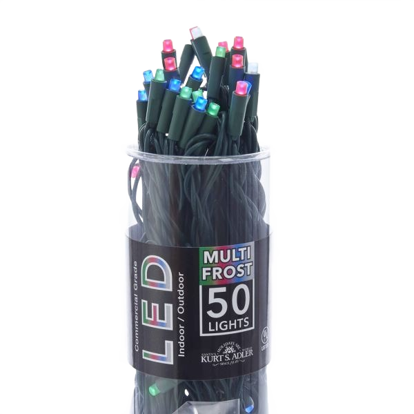 50 multi-color frosted LED Christmas lights with dark green wire for indoor and outdoor holiday decoration