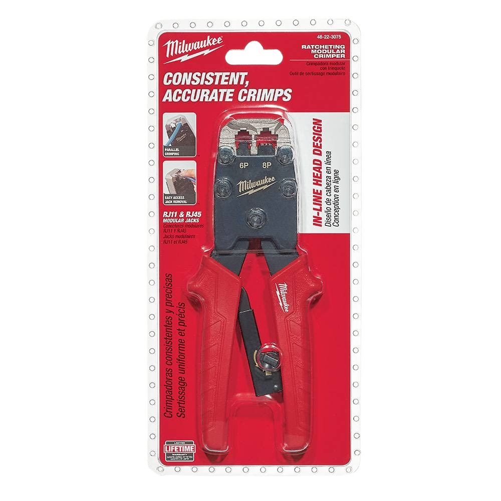 Red-handled ratcheting modular crimper tool with black metal head for precise crimping in tools and home improvement projects