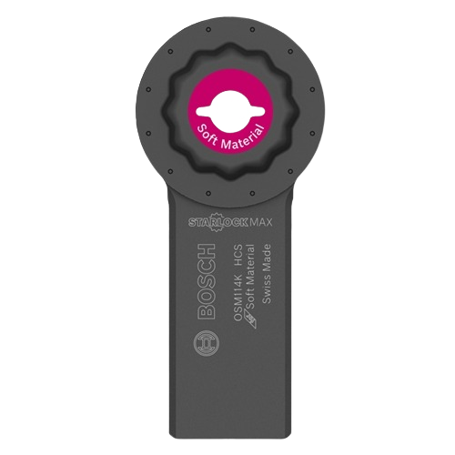 Close-up of Bosch OSM114K HCS oscillating tool blade designed for cutting soft materials in home improvement tasks