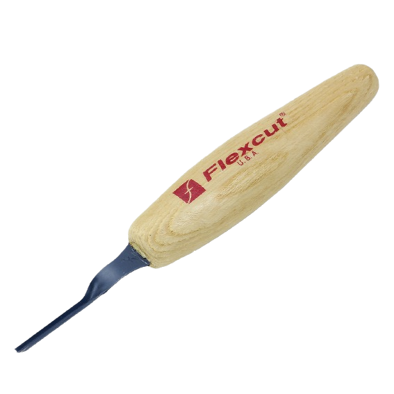 Wood carving tool with natural wooden handle and fine 2mm V-shaped blade for detailed woodworking and crafting tasks