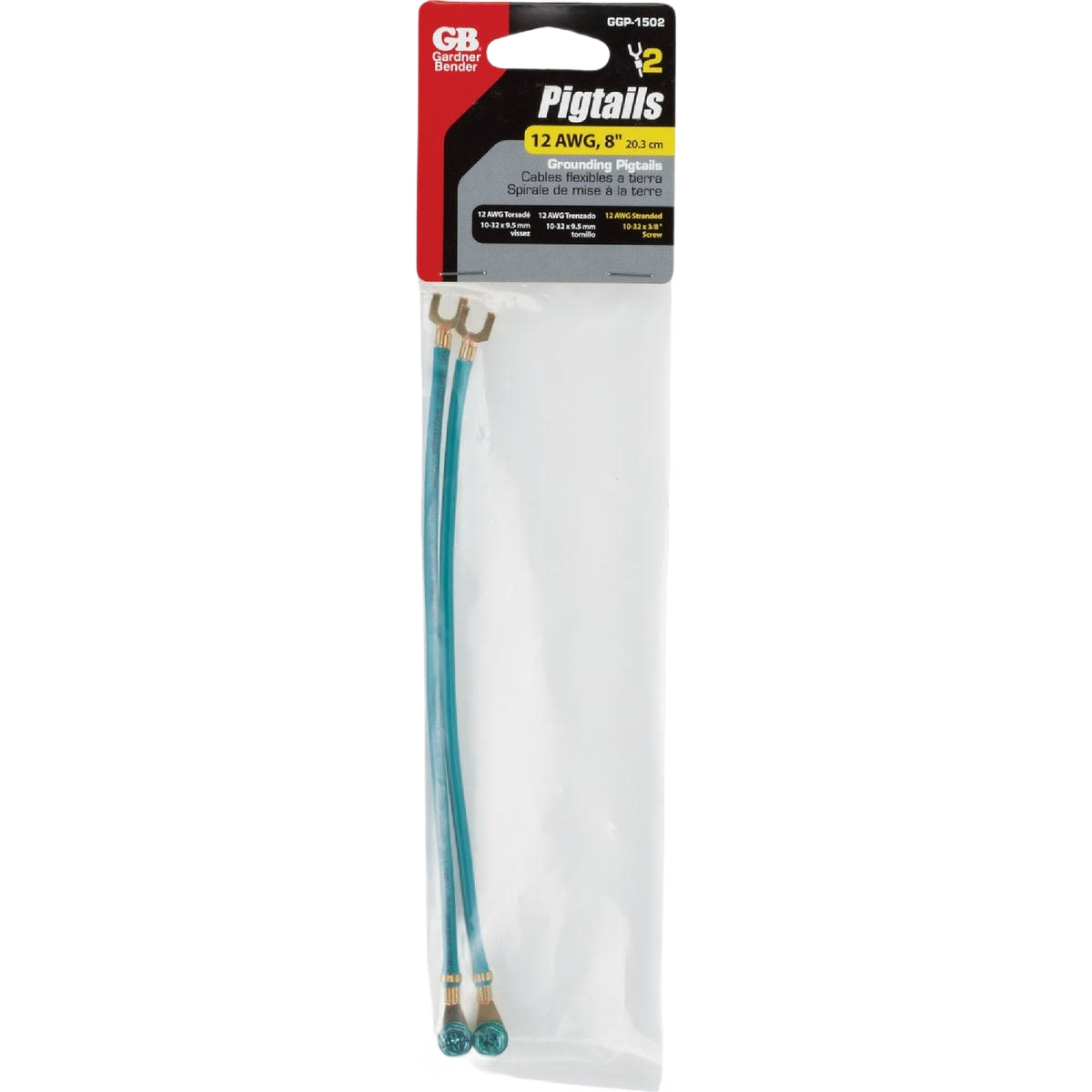 Package of two 12 AWG stranded wire grounding pigtails with green insulation for electrical and home improvement use