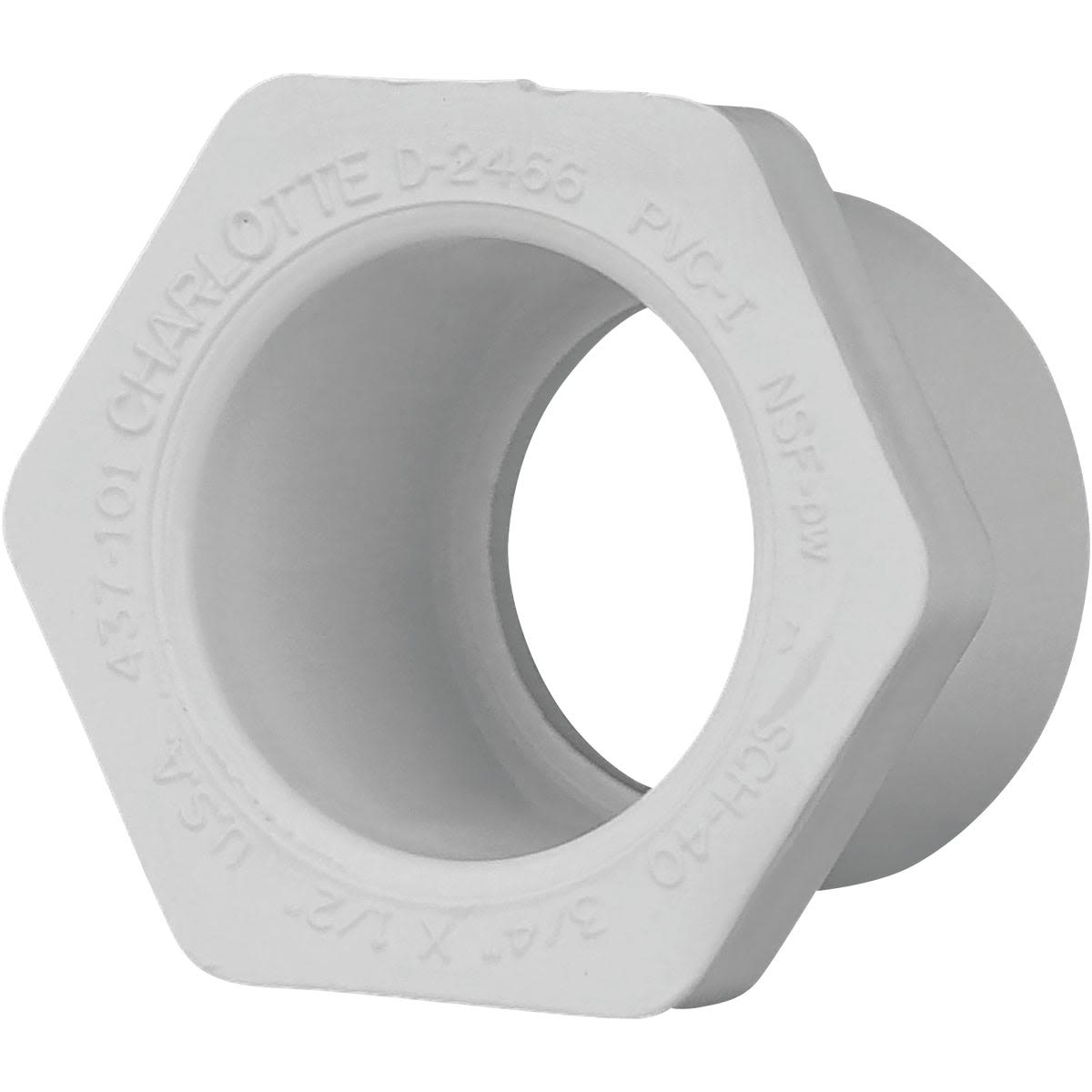 White PVC slip bushing reducer for plumbing with 3/4 inch spigot and 1/2 inch slip connection for home improvement.