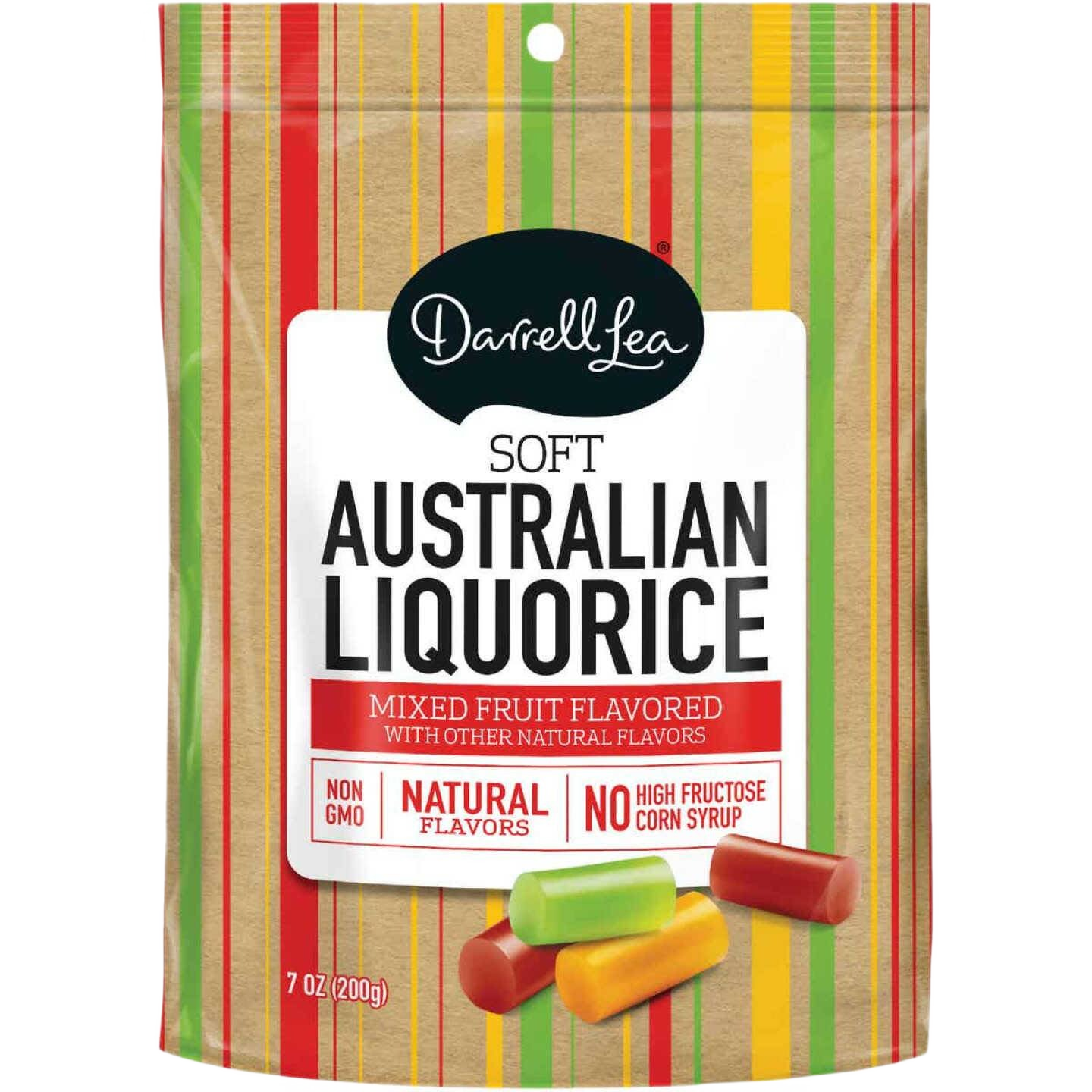 Resealable bag of soft assorted Australian liquorice in mixed fruit flavors with natural ingredients, 7 oz. packaging