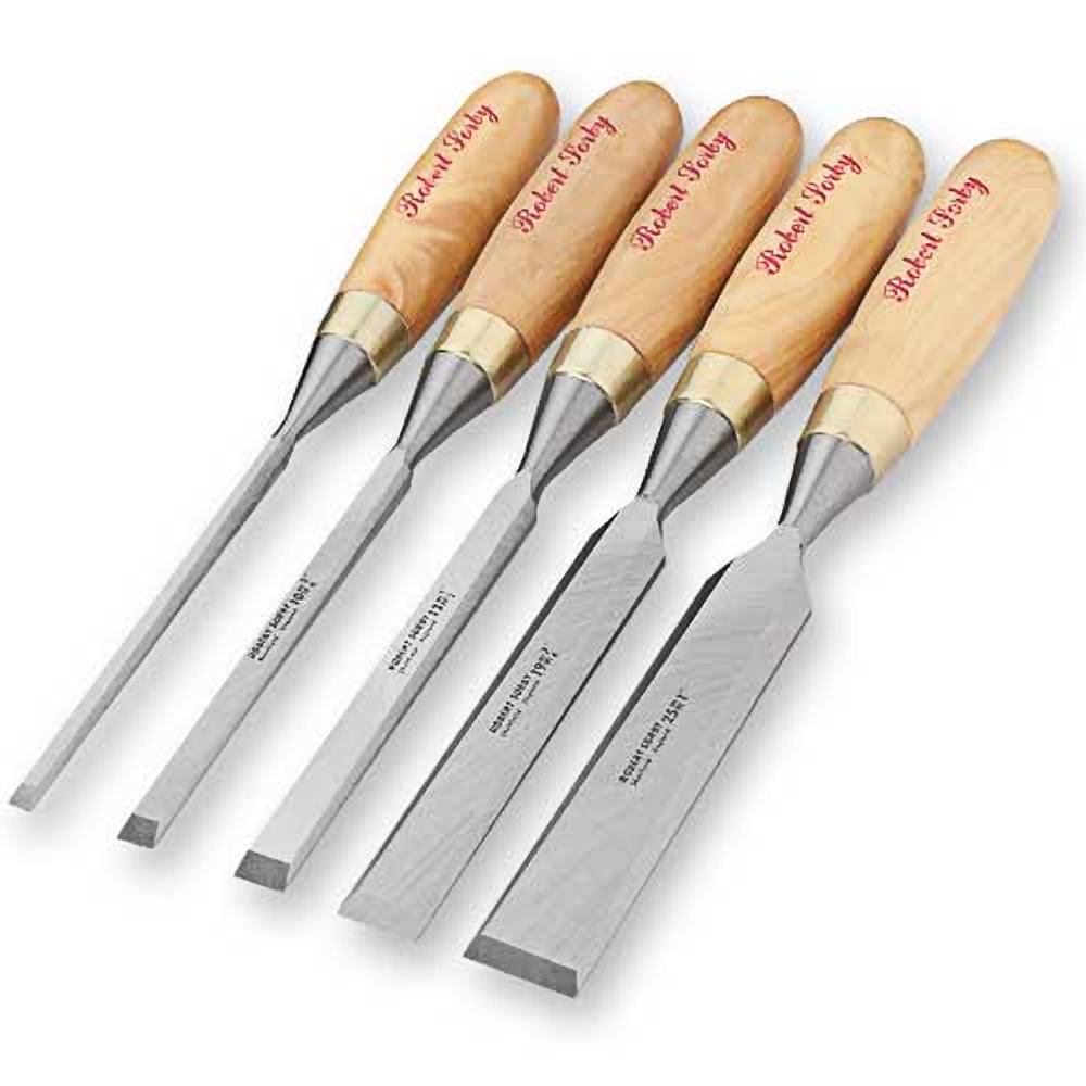 Set of five gilt edge chisels with polished wooden handles for detailed woodworking and home improvement tasks