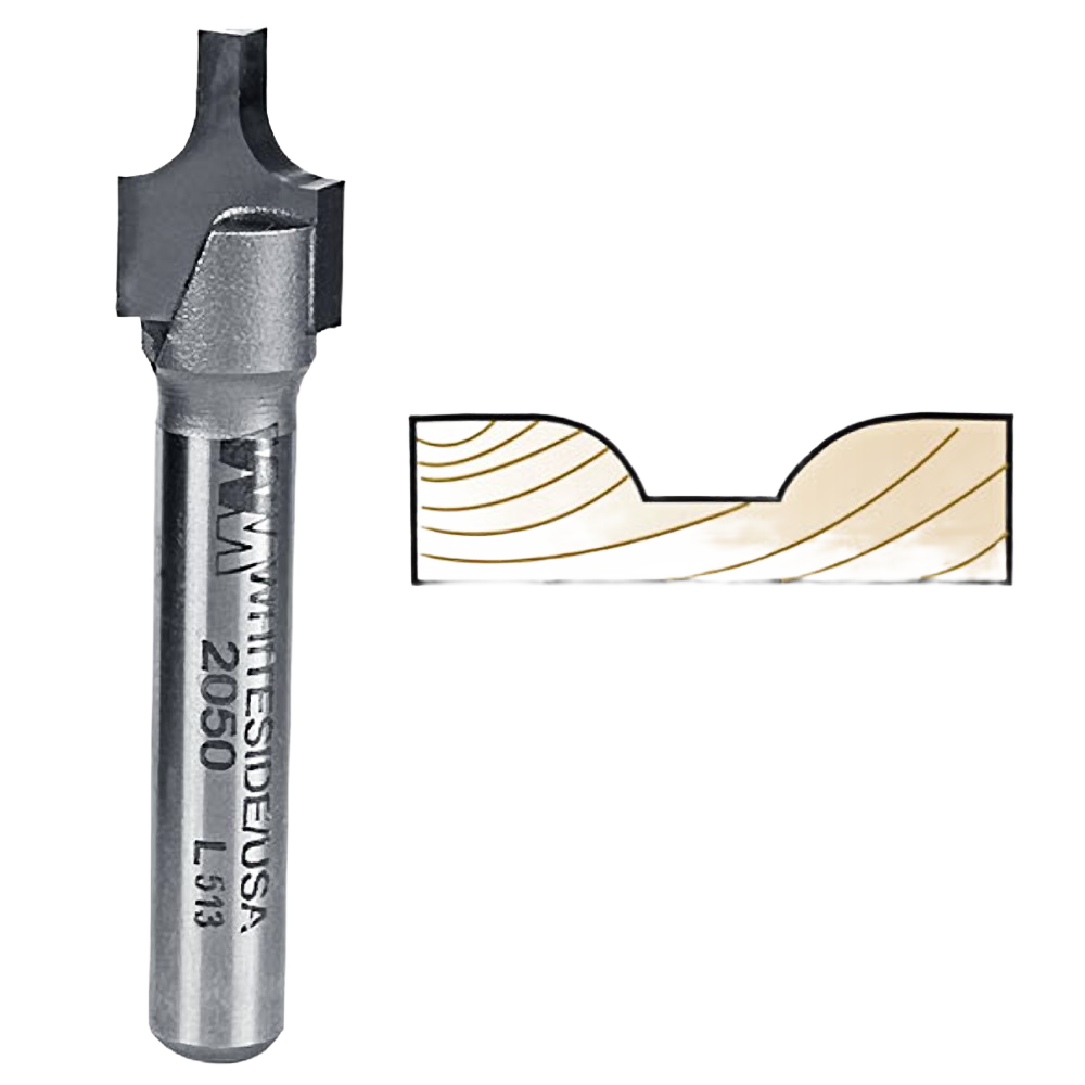 Plunge router bit with roundover profile beside wood sample showing raised panel groove for tool accessories collection