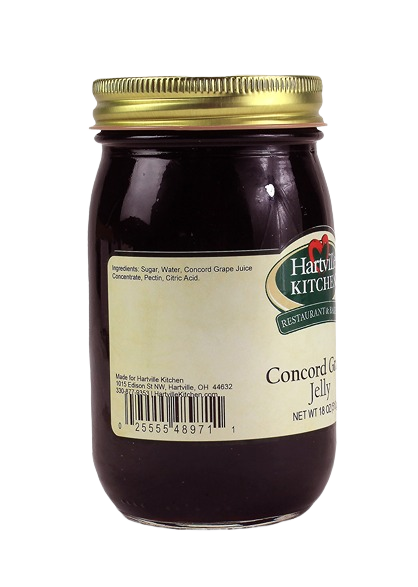 18-ounce jar of Hartville Kitchen Concord Grape Jelly with label showing ingredients and nutrition details