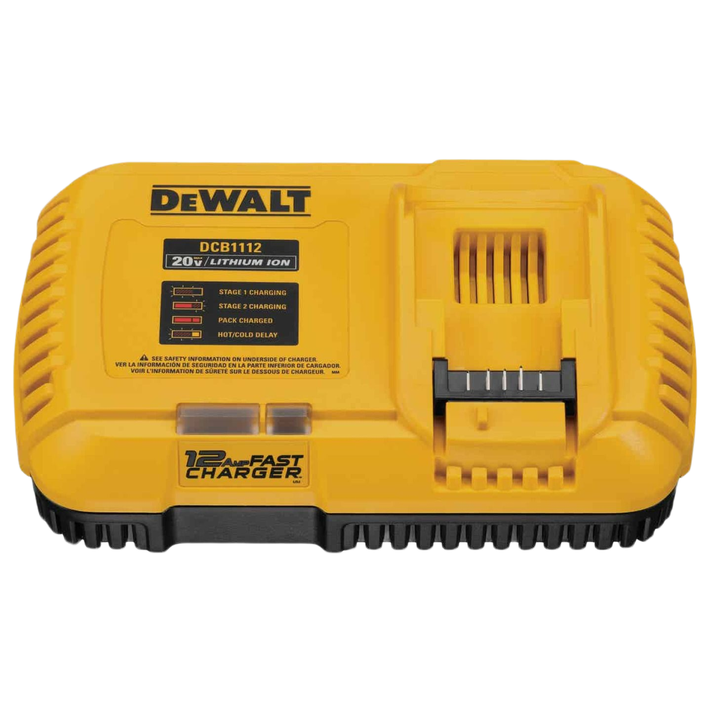 Yellow and black 12 amp fast charger for 20V lithium-ion batteries designed for tools and home improvement use