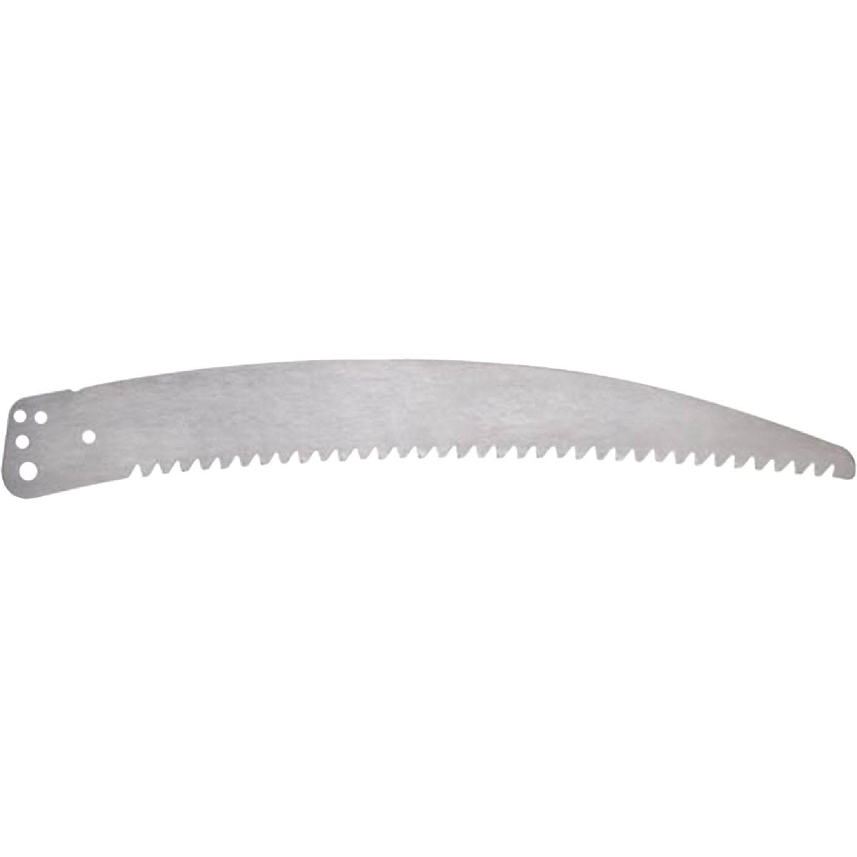 Curved steel pruning blade with sharp teeth and multiple holes for secure attachment to pole pruner tool