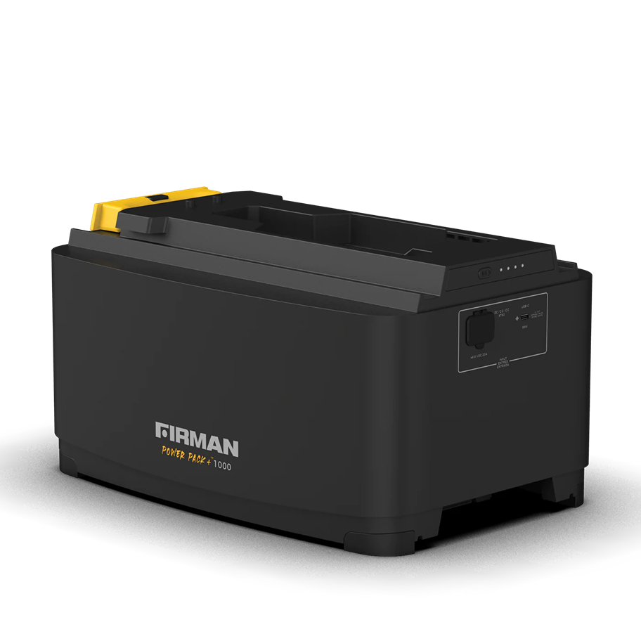 Black Firman power pack with yellow latch and LED indicators for tools and home improvement use