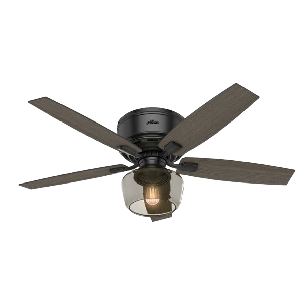 Matte black low profile ceiling fan with five wood blades and smoked glass light for indoor lighting and decor