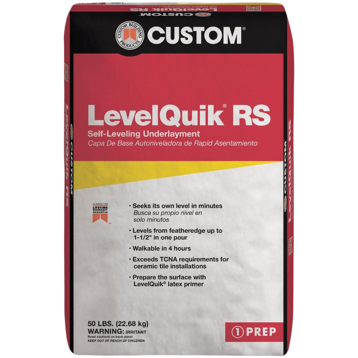 Red and white bag of self-leveling underlayment for home improvement and tile preparation projects