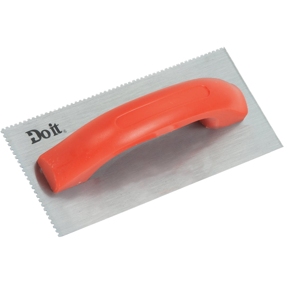 U-notch trowel with tempered steel blade and bright orange plastic handle for flooring and garden tool applications