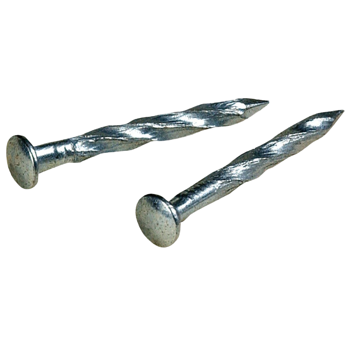 Two zinc-plated 13 gauge trim nails with twisted shanks for secure fastening in hardware and fasteners collection