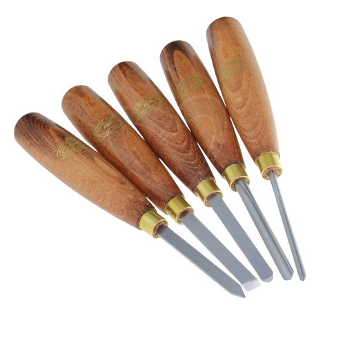 Set of five precision micro turning tools with wooden handles and steel blades for woodworking and home improvement projects